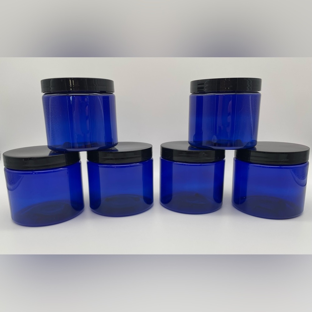 16oz Cobalt Blue Plastic Cosmetic Jars with Black Screw Lids - Set of Six
